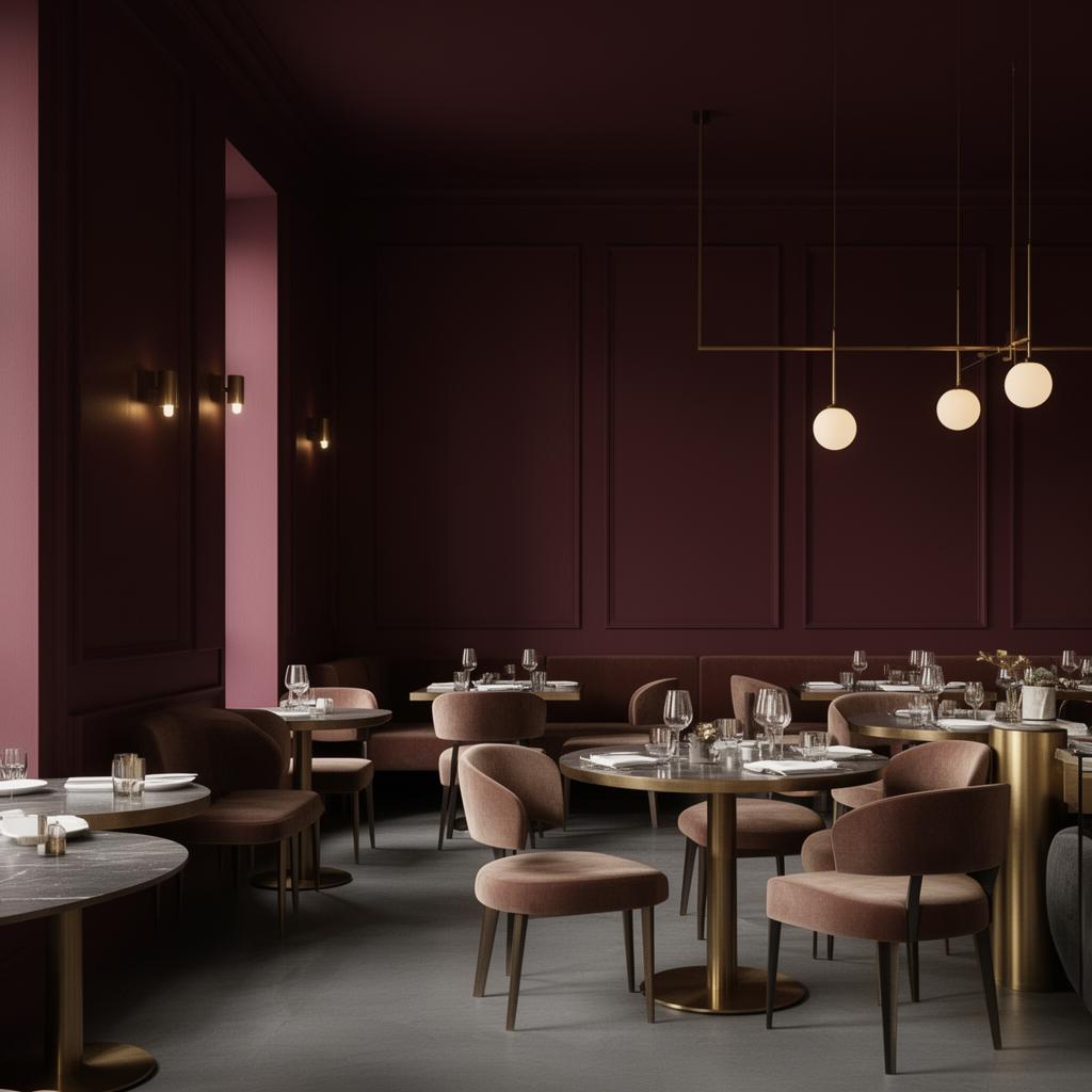 A refined hospitality interior with warm maroon walls