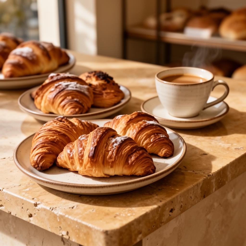 Artisanal baked goods and coffee on a stone counter